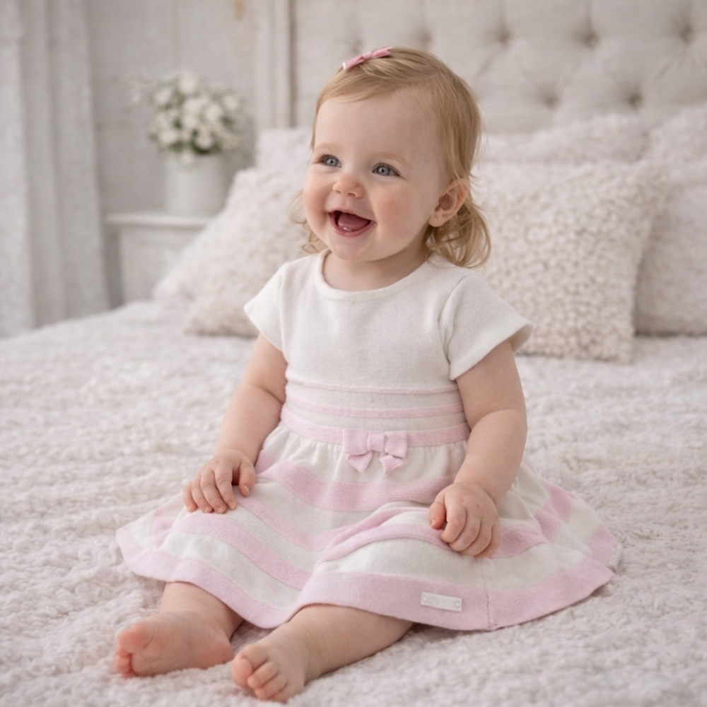 Janie and Jack Pink White Knit Bow Dress 3-6M